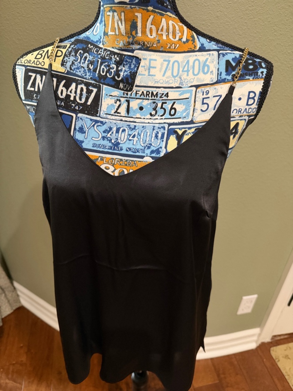 Joie Black Satin Camisole with Gold Chain Straps